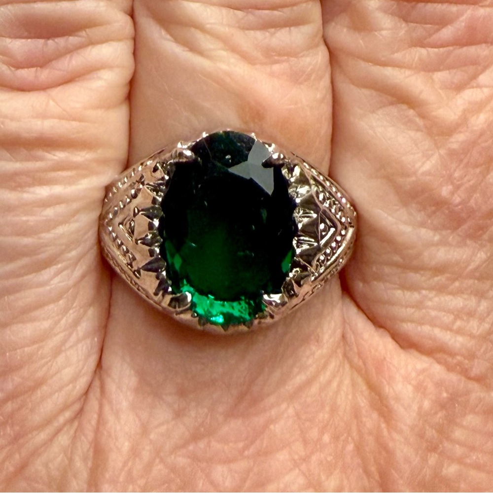 Ring - size 8.25 - silver tone stainless steel with green faux emerald stone New - Picture 2 of 9
